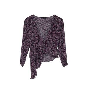 Zara Floral‎ Blouse Women’s Medium Black Pink Purple Ruffle Asymmetrical